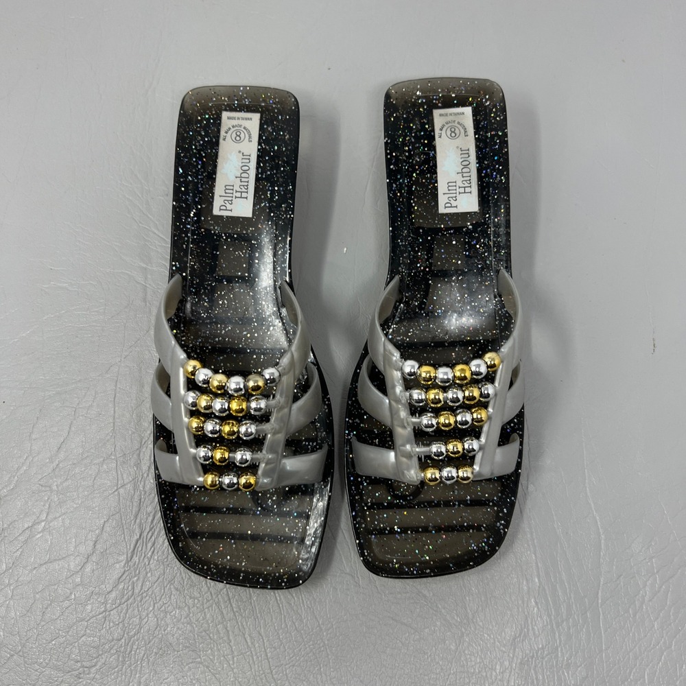 Womens Chunky Jelly Slide Sandals 8 Black Beaded Glitter Y2K Retro Statement - Picture 2 of 9